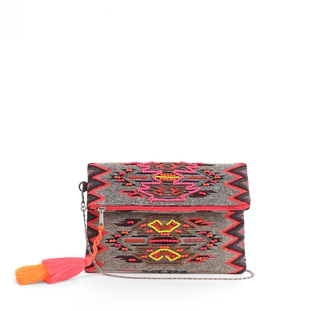 America & Beyond Tribal Beaded Clutch With Tassel